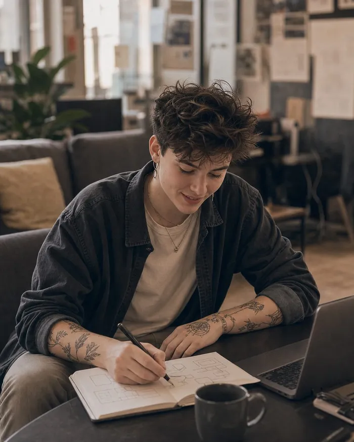 A software developer working at a laptop in an office